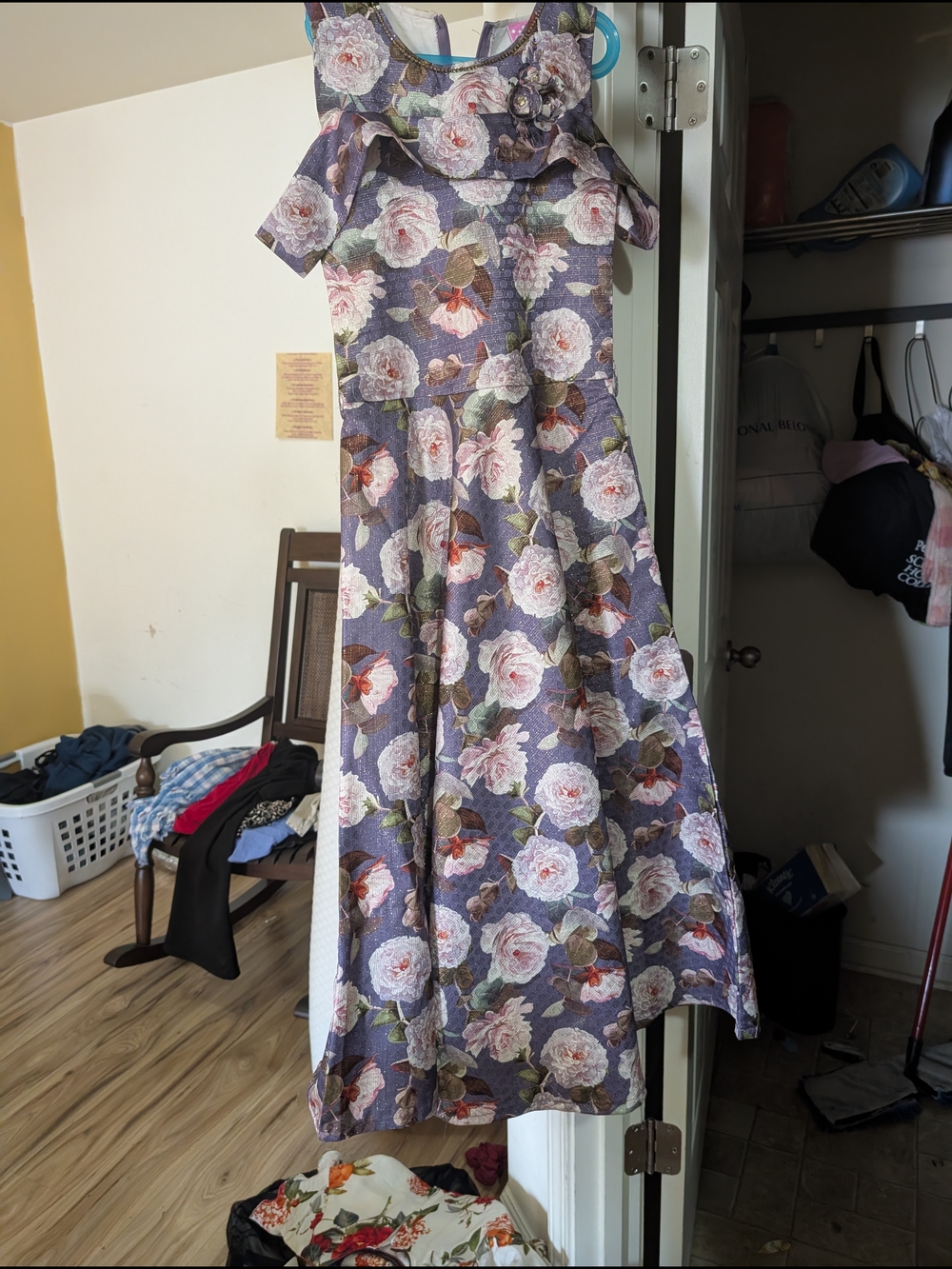 Floral Purple Fit-and-Flare Dress with Ruffle Neckline